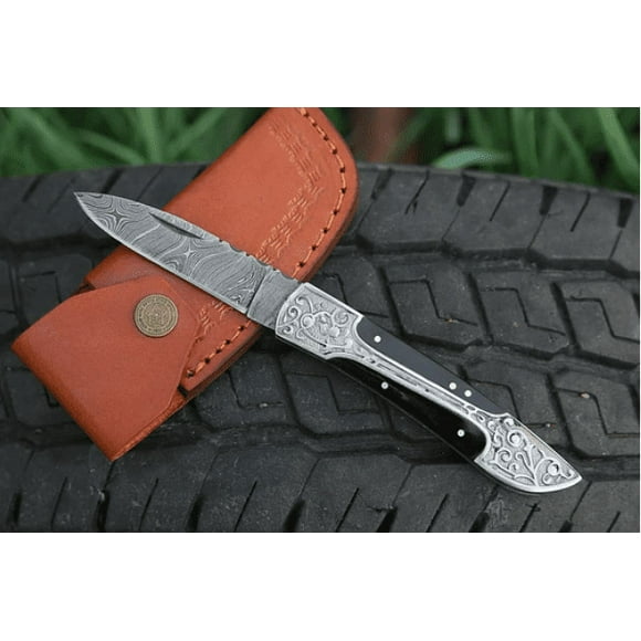 Black Horn Handle Handmade Damascus Steel Pocket Knife With Engraved Steel Frame Work Folding Knife