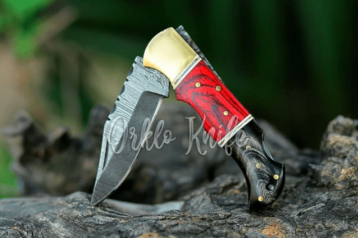 Black Horn Handmade Damascus Steel Pocket Knife Red Dollar Sheet Handle Folding Knife With Cow Leather Sheath