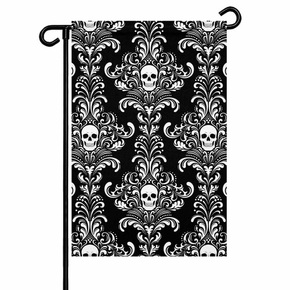 Black Horror Halloween Garden Flags for Outside Vintage White Skull Pattern Double Sided Yard Flags Outdoor House Decoration, Small 12X18 Inch,