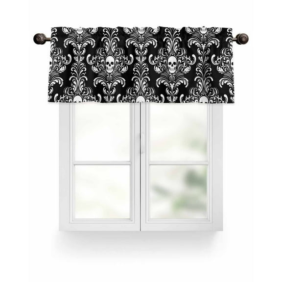 Black Horror Halloween Kitchen Valances for Windows Vintage White Skull Pattern Valance Curtains for Kitchen /Living Room/Bedroom/ Bathroom Decor, 54"x18 " ,Rod Pocket 1 Panel,