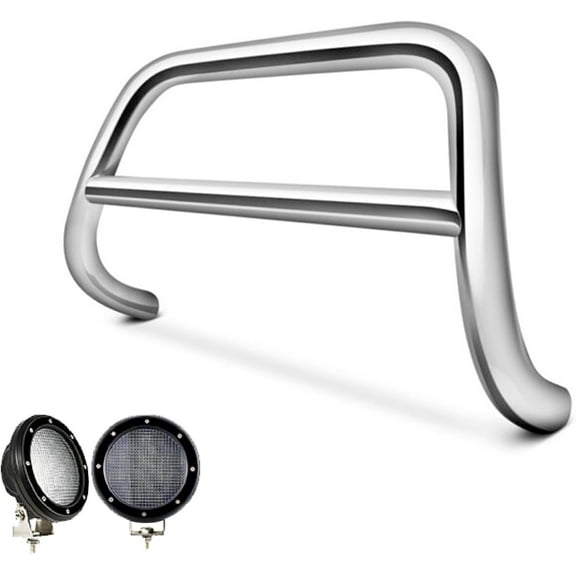 Black Horse A Bar Incl. pair of 5.3"Dia.LED Lights w/ Black Trim Ring No skid plate Stainless Steel Compatible with 14-20 Acura MDX|18-20 Honda Odyssey|17-22 Honda Passport|16-22 Pilot|17-23 Ridgeline