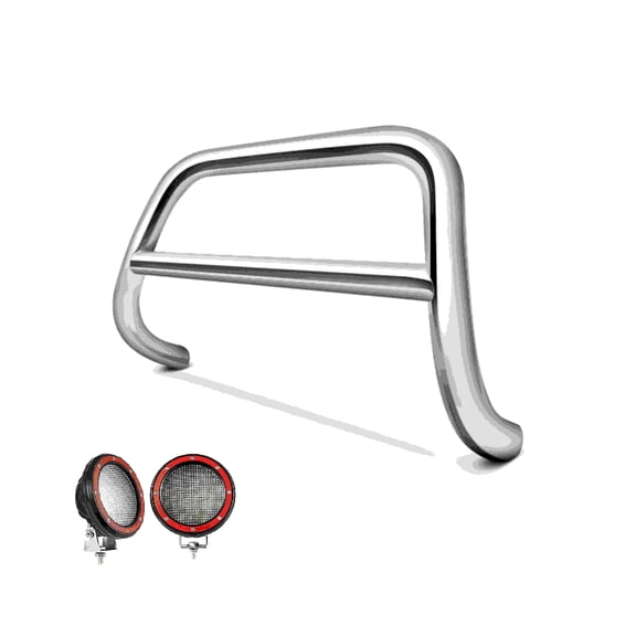Black Horse A Bar No skid plate Stainless Steel Come With Pair of 5.3" Dia. LED Flood Lights with Red Trim Rings Compatible with 2009-2013 Subaru Forester-BBSU01SS-PLFR
