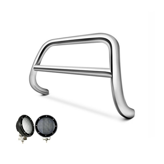 Black Horse A Bar No skid plate Stainless Steel Come with Pair of 5.3" Dia. LED Flood Lights w/Black Trim Rings Compatible with 2013-2016 Hyundai Santa Fe|2014-2015 Kia Sorento-CBS-HYB6101-PLFB
