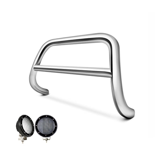 Black Horse A Bar No skid plate Stainless Steel Come with Pair of 5.3" Dia. LED Flood Lights w/Black Trim Rings Compatible with 2014-2020 Nissan Rogue (Excludes 2014 Select model)-CBS-NIA1702-PLFB