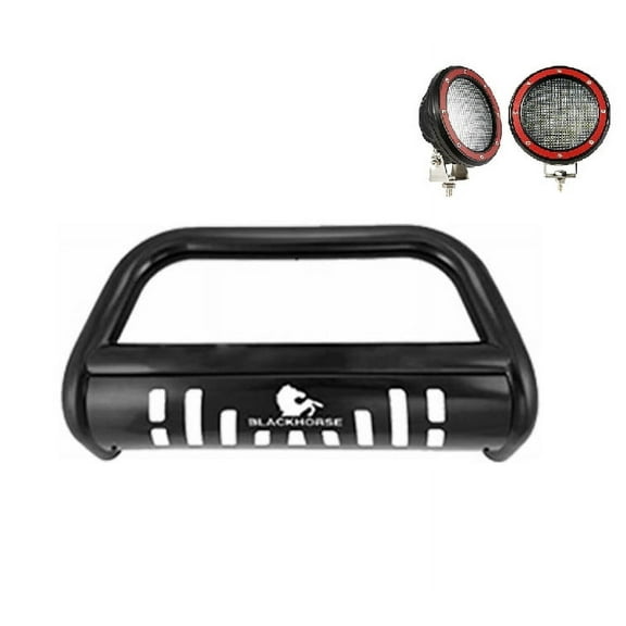 Black Horse Bull Bar Incl. Pair of 5.3" Dia.LED Lights w/Red Trim Rings Skid Plate Black Compatible with 08-22 Lexus LX570|08-22 Land Cruiser|08-22 Toyota Sequoia|08-21 Toyota Tundra