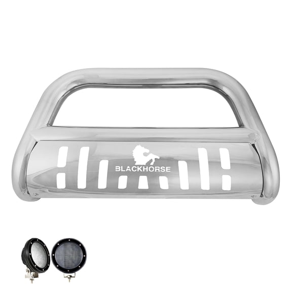 Black Horse Bull Bar Incl. pair of 5.3"Dia.LED Lights w/ Black Trim Ring Skid Plate Stainless Steel Compatible with 14-20 Acura MDX|18-20 Odyssey|17-22 Honda Passport|16-22 Pilot|17-23 Honda Ridgeline
