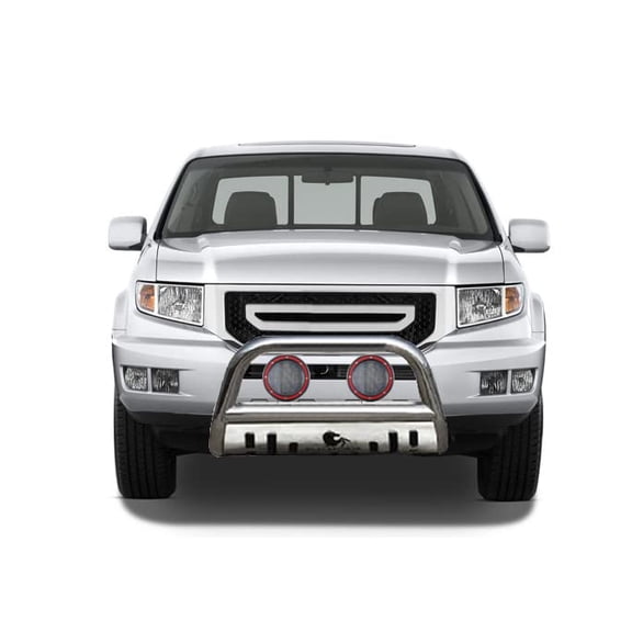 Black Horse Bull Bar Incl.pair of 5.3"Dia.LED Lights w/ Red Trim Rings Skid Plate Stainless Steel Compatible with 2002-2006 Acura MDX|2003-2008 Honda Pilot|2006-2014 Honda Ridgeline-CBS-HOC5005SP-PLFR