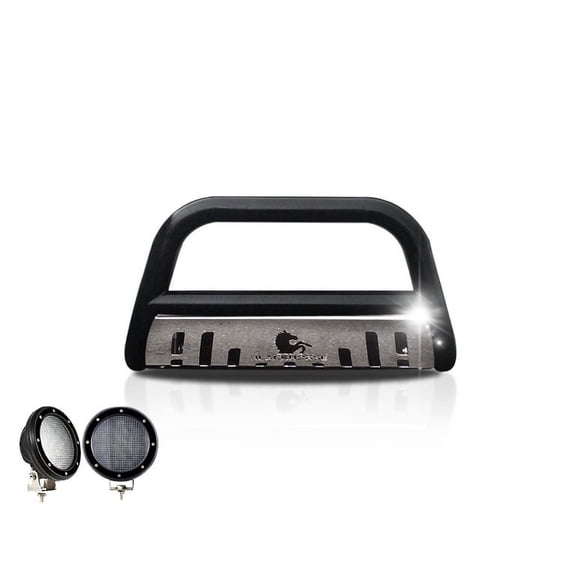 Black Horse Bull Bar Skid Plate Black Come with Pair of 5.3" Dia. LED Flood Lights With Black Trim Rings Compatible with 2007-2009 Chrysler Aspen|2004-2009 Dodge Durango-CBBS-DOC1005SP-PLFB
