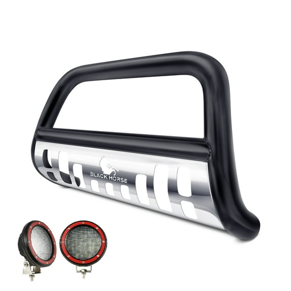 Black Horse Bull Bar Skid Plate Black Come With Pair of 5.3" Dia. LED Flood Lights with Red Trim Rings Compatible with 2005-2015 Toyota Tacoma-CBBS-TOD1109SP-PLFR