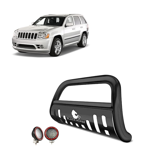 Black Horse Bull Bar Skid Plate Black Come With Pair of 5.3" Dia. LED Flood Lights with Red Trim Rings Compatible with 2008-2010 Jeep Grand Cherokee-BB80709BK-SP-PLFR