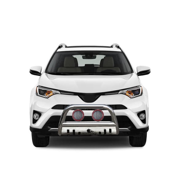 Black Horse Bull Bar Skid Plate Stainless Steel Come With Pair of 5.3" Dia. LED Flood Lights with Red Trim Rings Compatible with 2006-2018 Toyota RAV4-BB093904-SP-PLFR