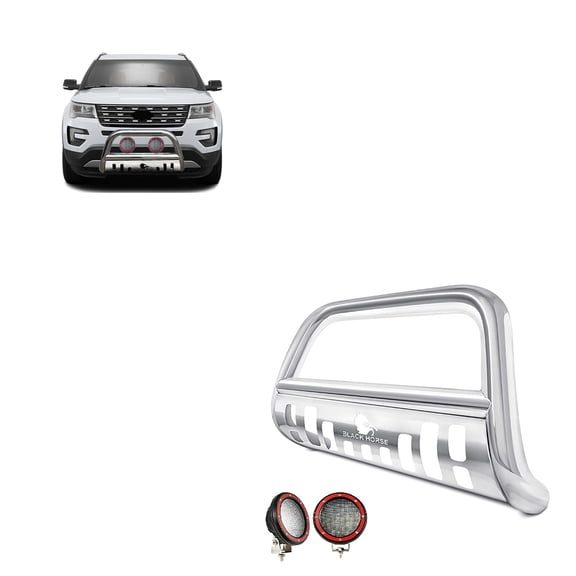 Black Horse Bull Bar Skid Plate Stainless Steel Come with Pair of 5.3" Dia. LED Flood Lights with Red Trim Rings Compatible with 2011-2019 Ford Explorer-BB047611-SP-PLFR