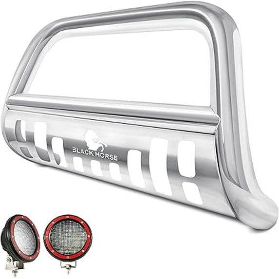 Black Horse Bull Bar Skid Plate Stainless Steel Come With Pair of 5.3" Dia. LED Flood Lights with Red Trim Rings Compatible with 2014-2020 Rogue (Excludes Select model)-CBS-NIA1702SP-PLFR