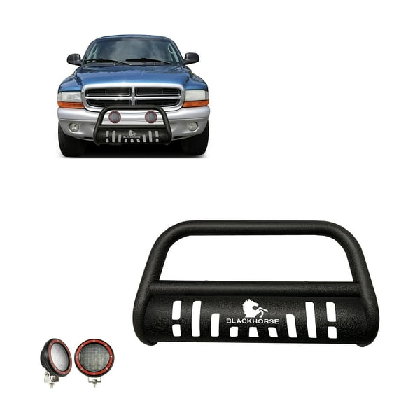 Black Horse Bull Bar-T Textured Black Come With Pair of 5.3" Dia. LED Flood Lights with Red Trim Rings Compatible with 1997-2003 Dodge Durango|1998-2004 Dodge Dakota-CBT-B201SP-PLFR