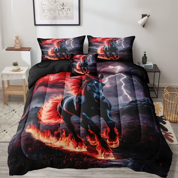 Black Horse Comforter Set Fire Animal Bedding Sets Red Flame Lightning Galloping Horse Pattern Western Rustic Bed Comforter Set for Boys Girls