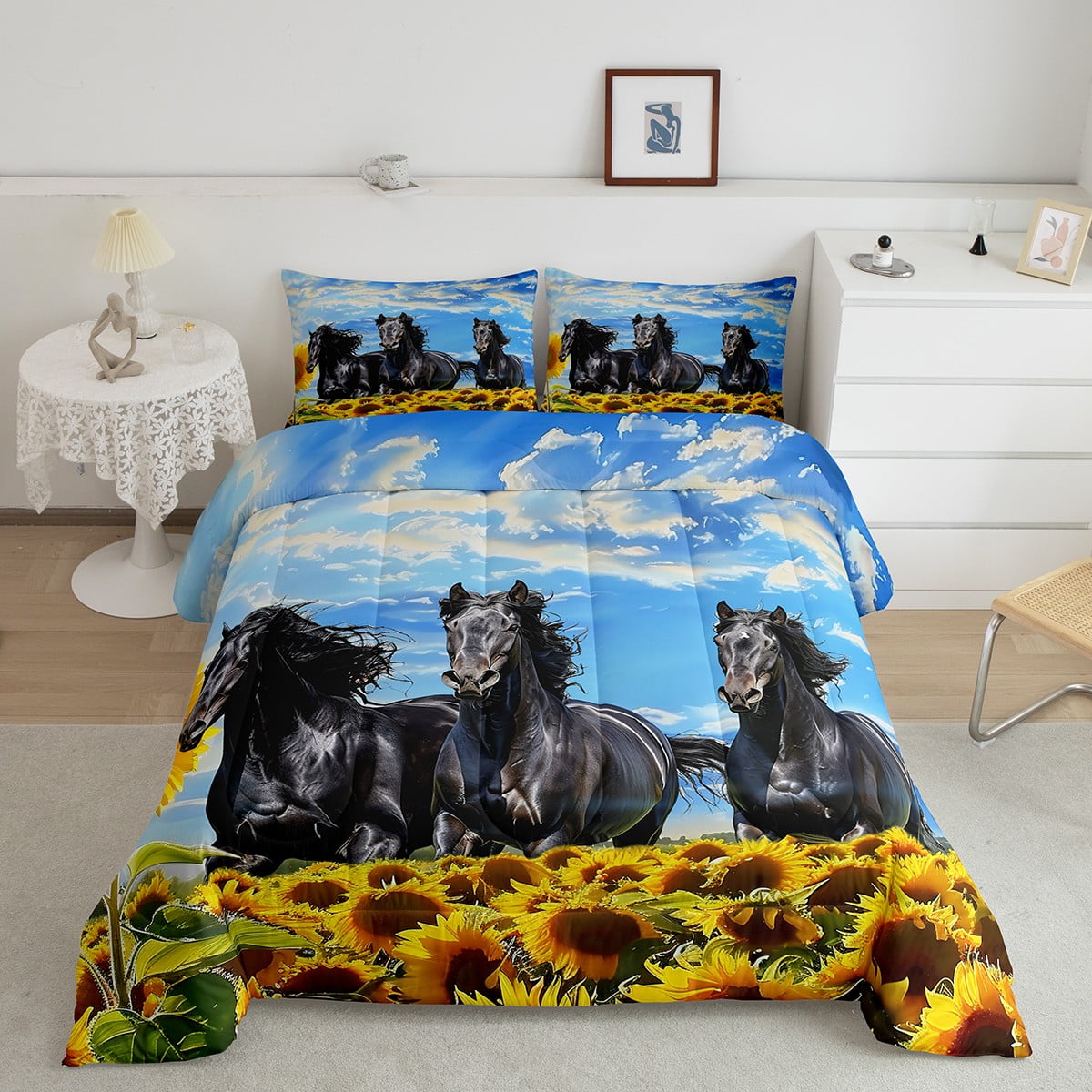 Black Horse Comforter Set Twin Yellow Sunflower Bedding Sets,Galloping