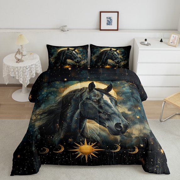 Black Horse Comforter Set Galaxy Sun and Moon Twin Bedding Sets ,Farm Animals Quilt Gothic Western Duvet Insert,Farmhouse Decor