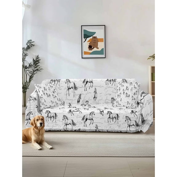 Black Horse Couch Cover, Watercolor Vintage Animals Sofa Cover Blanket for 1 Seat Cushion, Sectional Sofa Slipcover Furniture Protector for Living Room Bedroom 71''x91''