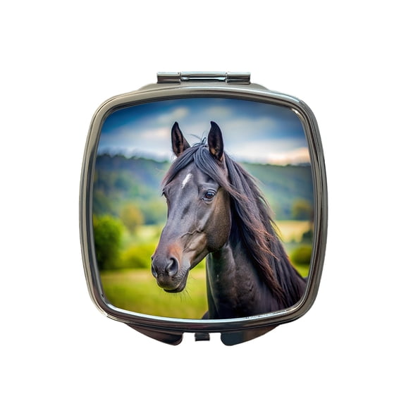 Black Horse Face Travel Makeup Handbag Purse Small Pocket Compact Mirror