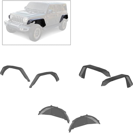 Black Horse Full Set Tubular FENDER FLARES & Inner FENDER FLARES Liners - Front & Rear Matte Black Compatible with 2018-2022 Jeep Wrangler-TFFJ-FS