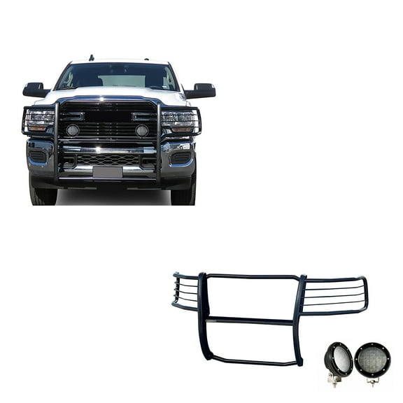 Black Horse Grille Brush Bumper Guard Modular Black Come with Pair of 5.3" Dia.LED Lights with Black Trim Rings Compatible with 2019-2024 Ram 2500|2019-2024 Ram 3500-17DG113MA-PLFB