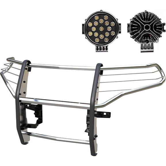 Black Horse Grille Guard Kit Modular Stainless Steel Incl. Pair of 7.0" Dia. LED Lights w/Black Trim Rings w/Wiring Harness and Switch Compatible with 2020-2024 Ford Explorer