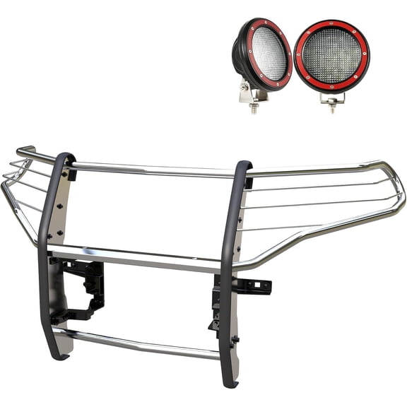Black Horse Grille Guard Kit Modular Stainless Steel Pair of 5.3" Dia. LED Flood Lights w/Red Trim Rings Wiring Harness and Switch Compatible with 2020-2024 Ford Explorer