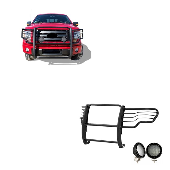 Black Horse Grille brush Bumper Guard Modular Black Come with Pair of 5.3" Dia.LED Lights with Black Trim Rings Compatible with 2009-2014 Ford F-150-17FP30MA-PLFB