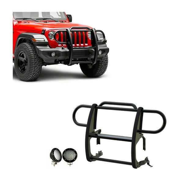 Black Horse Grille brush Bumper Guard Modular Black Come with Pair of 5.3" Dia.LED Lights with Black Trim Rings Compatible with 2020-2024 Jeep Gladiator|2018-2024 Jeep Wrangler-17JPJLMA-PLFB
