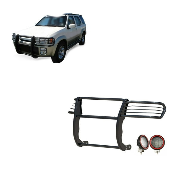 Black Horse Grille brush Bumper Guard Modular Black Come With Pair of 5.3" Dia.LED Lights with Red Trim Rings Compatible with 1997-2003 Infiniti QX4|1996-2004 Nissan Pathfinder-17NE23MA-PLFR