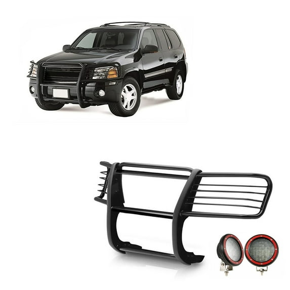 Black Horse Grille brush Bumper Guard Modular Black Come With Pair of 5.3" Dia.LED Lights with Red Trim Rings Compatible with 2002-2006 GMC Envoy|2002-2006 GMC Envoy XL-17GD26MA-PLFR