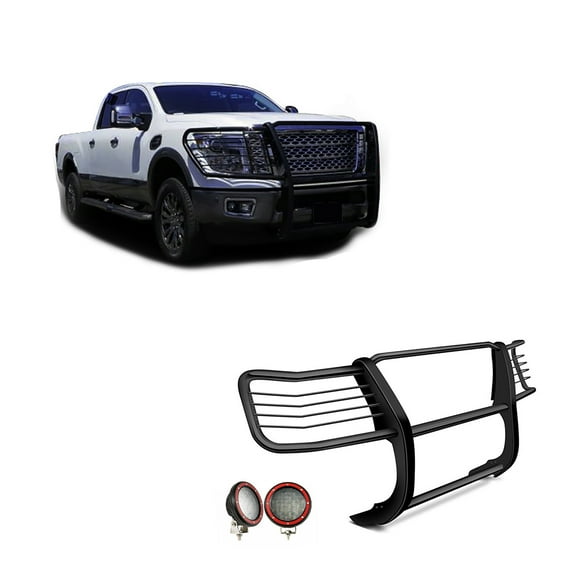 Black Horse Grille brush Bumper Guard Modular Black Come With Pair of 5.3" Dia.LED Lights with Red Trim Rings Compatible with 2016-2024 Nissan Titan XD-17NR28MA-PLFR