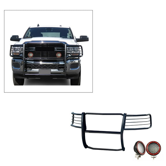 Black Horse Grille brush Bumper Guard Modular Black Come With Pair of 5.3" Dia.LED Lights with Red Trim Rings Compatible with 2019-2024 Ram 2500|2019-2024 Ram 3500-17DG113MA-PLFR