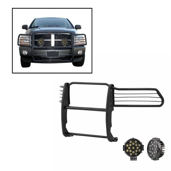 Black Horse Grille brush Bumper Guard Modular Black Come With pair of 7.0"Dia.LED Lights with Black Trim Rings Compatible with 1994-2001 Dodge Ram 1500|1994-2002 Dodge Ram 2500/3500-17DG100MA-PLB