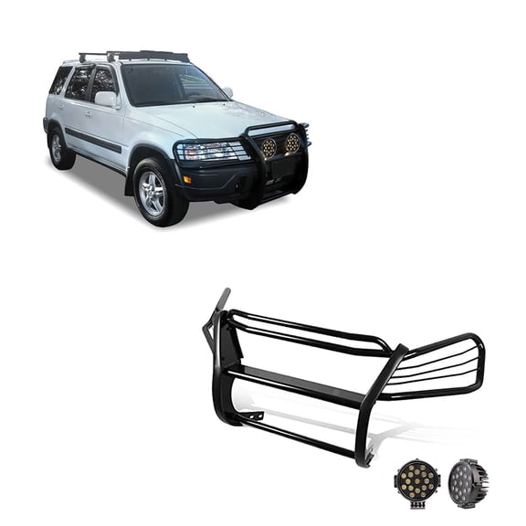 Black Horse Grille brush Bumper Guard Modular Black Come With pair of 7.0"Dia.LED Lights with Black Trim Rings Compatible with 1997-2001 Honda CR-V-PG24001MA-PLB