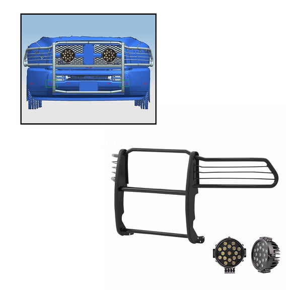 Black Horse Grille brush Bumper Guard Modular Black Come With pair of 7.0"Dia.LED Lights with Black Trim Rings Compatible with 2010-2018 Ram 2500|2011-2018 Ram 3500-17DR01MA-PLB