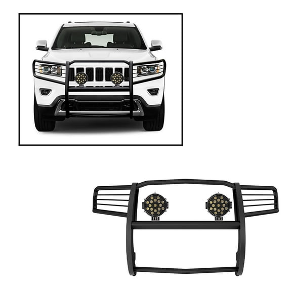Black Horse Grille brush Bumper Guard Modular Black Come With pair of 7.0"Dia.LED Lights with Black Trim Rings Compatible with 2011-2021 Jeep Grand Cherokee-17A080202MA-PLB