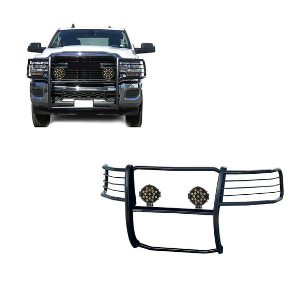 Black Horse Grille brush Bumper Guard Modular Black Come With pair of 7.0"Dia.LED Lights with Black Trim Rings Compatible with 2019-2024 Ram 2500|2019-2024 Ram 3500-17DG113MA-PLB