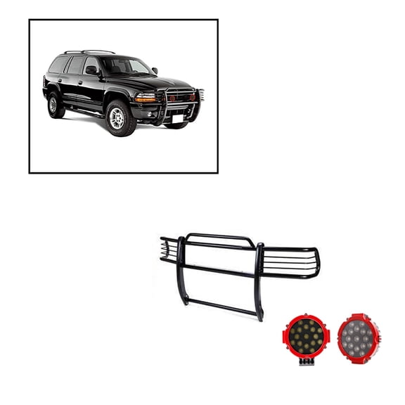 Black Horse Grille brush Bumper Guard Modular Black Come With pair of 7.0"Dia.LED Lights with Red Trim Rings Compatible with 1997-2004 Dodge Dakota|2000-2003 Dodge Durango-17BH23MA-PLR