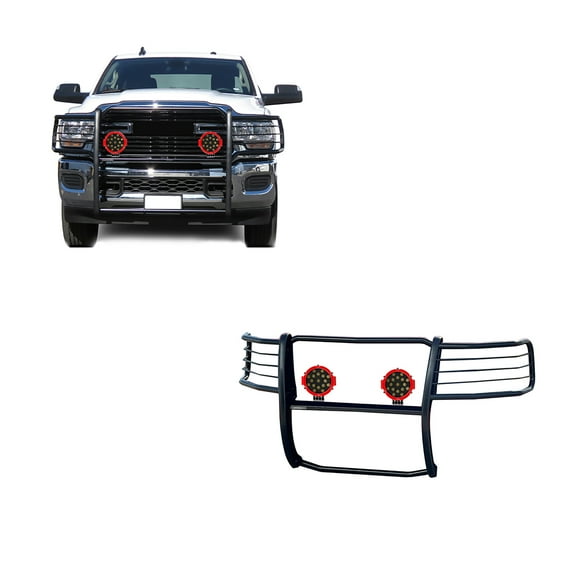 Black Horse Grille brush Bumper Guard Modular Black Come With pair of 7.0"Dia.LED Lights with Red Trim Rings Compatible with 2019-2024 Ram 2500|2019-2024 Ram 3500-17DG113MA-PLR
