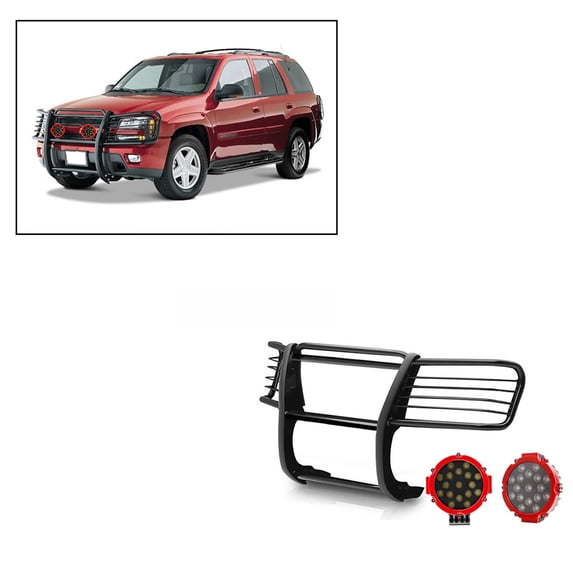 Black Horse Grille brush Bumper Guard Modular Black Come With pair of 7.0"LED Light with Red Trim Rings Compatible with 2002-2009 Chevrolet Trailblazer|2002-2006 Chevrolet Trailblazer EXT-17GK26MA-PLR