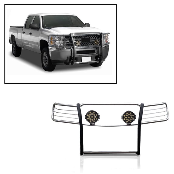 Black Horse Grille brush Bumper Guard Modular Stainless Steel Come With pair of 7.0"Dia.LED Lights with Black Trim Rings Compatible with 2007-2013 Chevrolet Silverado 1500-17A035700A2MSS-PLB
