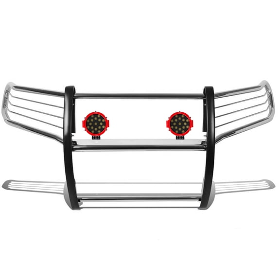 Black Horse Grille brush Bumper Guard Modular Stainless Steel Come With pair of 7.0"LED Light with Red Trim Rings Compatible with 2005-2021 Nissan Frontier|2005-2007 Nissan Pathfinder-17A110200MSS-PLR
