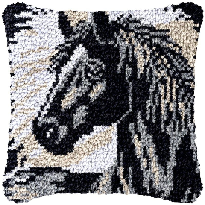 Black Horse Latch Hook Pillow Cover Kits for DIY Handmade Throw Pillow Cross Stitch Latch Hook Pillowcase Rug Kits with Preprinted Color Pattern Canvas Crochet Yarn Kits 17''X 17''(ys97)