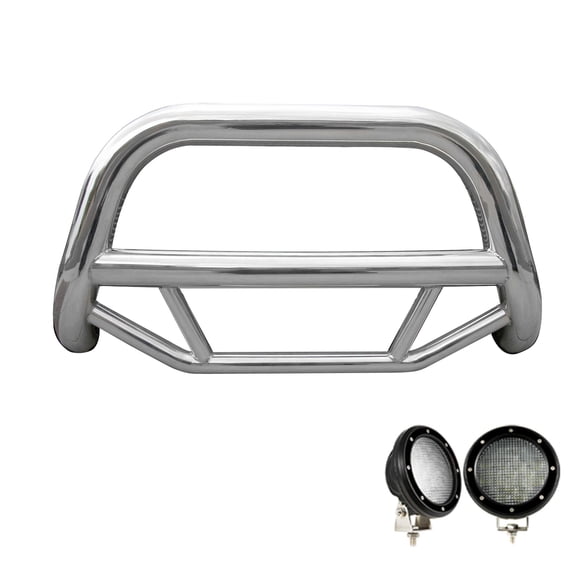 Black Horse Max Bull Bar No skid plate Stainless Steel Come with Pair of 5.3" Dia. LED Flood Lights w/Black Trim Rings Compatible with 2014-2018 Subaru Forester-MBS-SUS0102-PLFB
