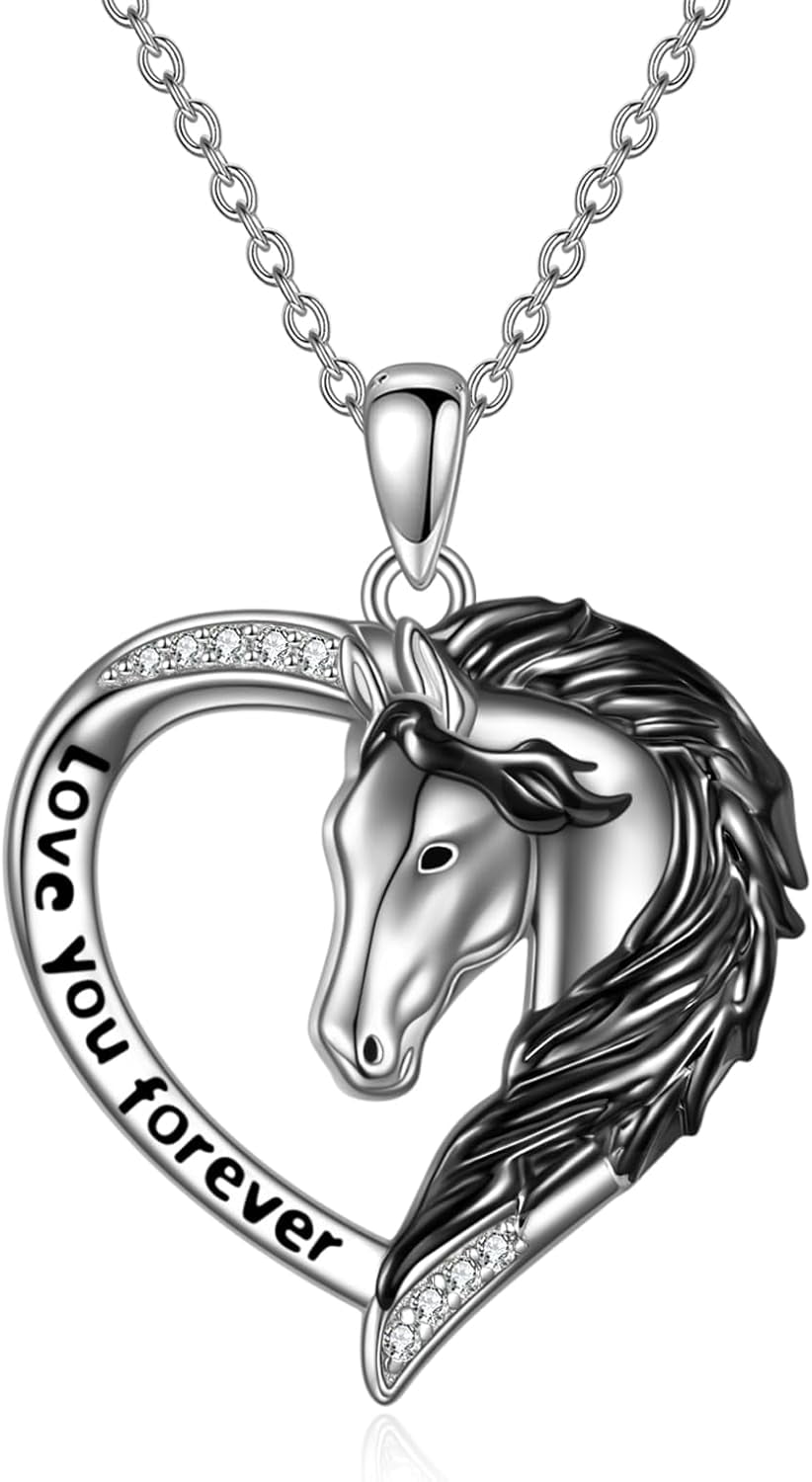 Black Horse Necklaces for Women Sterling Silver Horse Heart Pendant Jewelry for Equestrian and Horse Lovers Gifts
