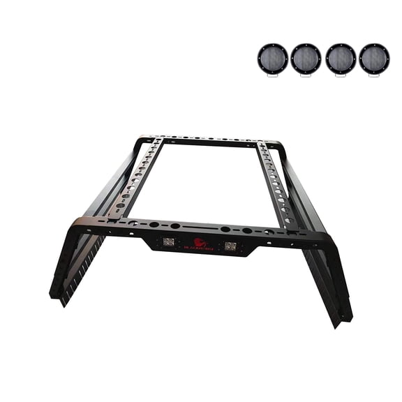 Black Horse Overland Bed Rack Incl.Set of 5.3" Dia.LED Light w/Black Trim Rings Black Compatible with Full Size and Small Trucks, Dodge Ram,Gladiator, Titan, GMC, Chevrolet, Ford, Frontier-TR01B-PLFB