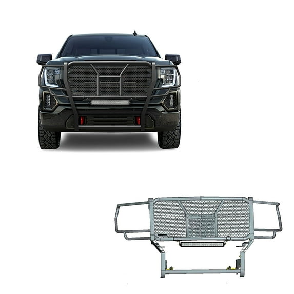 Black Horse RUGGED Heavy Duty Grille Brush Bumper Guard Modular Black Come with 20" Double Row LED Light Compatible with 2019-2021 GMC Sierra 1500-RU-GMSI19-B-K1