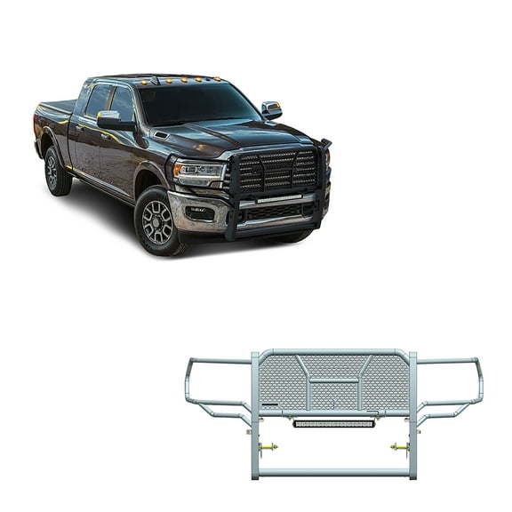 Black Horse RUGGED Heavy Duty Grille Brush Bumper Guard Modular Black Come with 20" Double Row LED Light Compatible with 2019-2024 Ram 2500|2019-2024 Ram 3500-RU-DORA20-B-LED