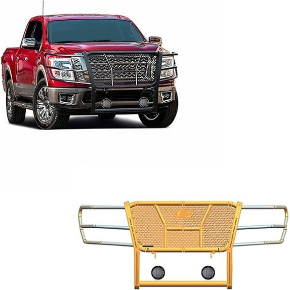 Black Horse RUGGED Heavy Duty Grille Brush Bumper Guard Modular Black Come with Pair of 5.3" Dia.LED Lights with Black Trim Rings Compatible with 2017-2024 Nissan Titan-RU-NITI17-B-PLFB